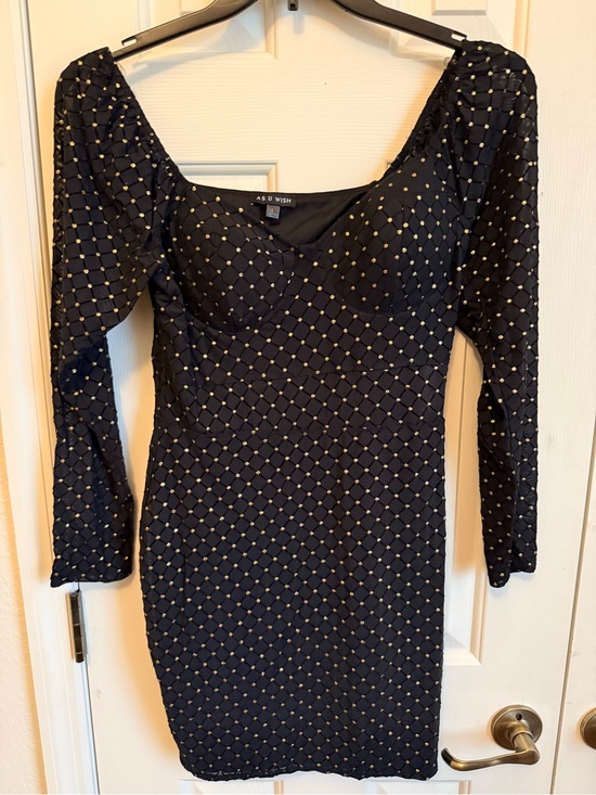 As U Wish Dresses & Skirts - As U Wish Black Long-Sleeve Studded Sheath Dress with Gold Accents
